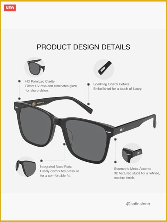 Square Polarized Sunglasses with 3D Rivets, HD UV400 Protection